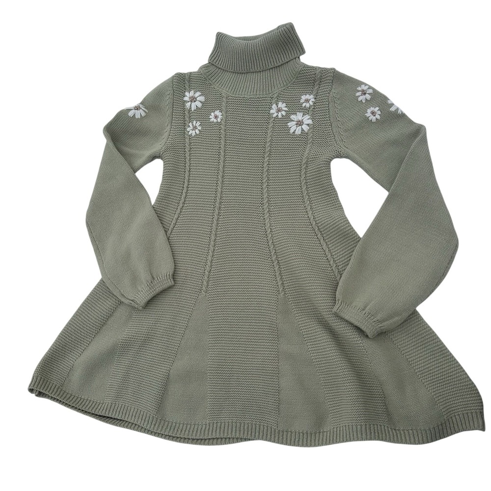 Cupcakes and Cashmere Kids Sage Green Daisy Embroidered Turtleneck Sweater Dress - Picture 6 of 9